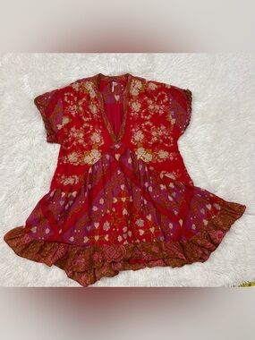 Free People Red & Magenta Floral V-Neck Boho Tunic